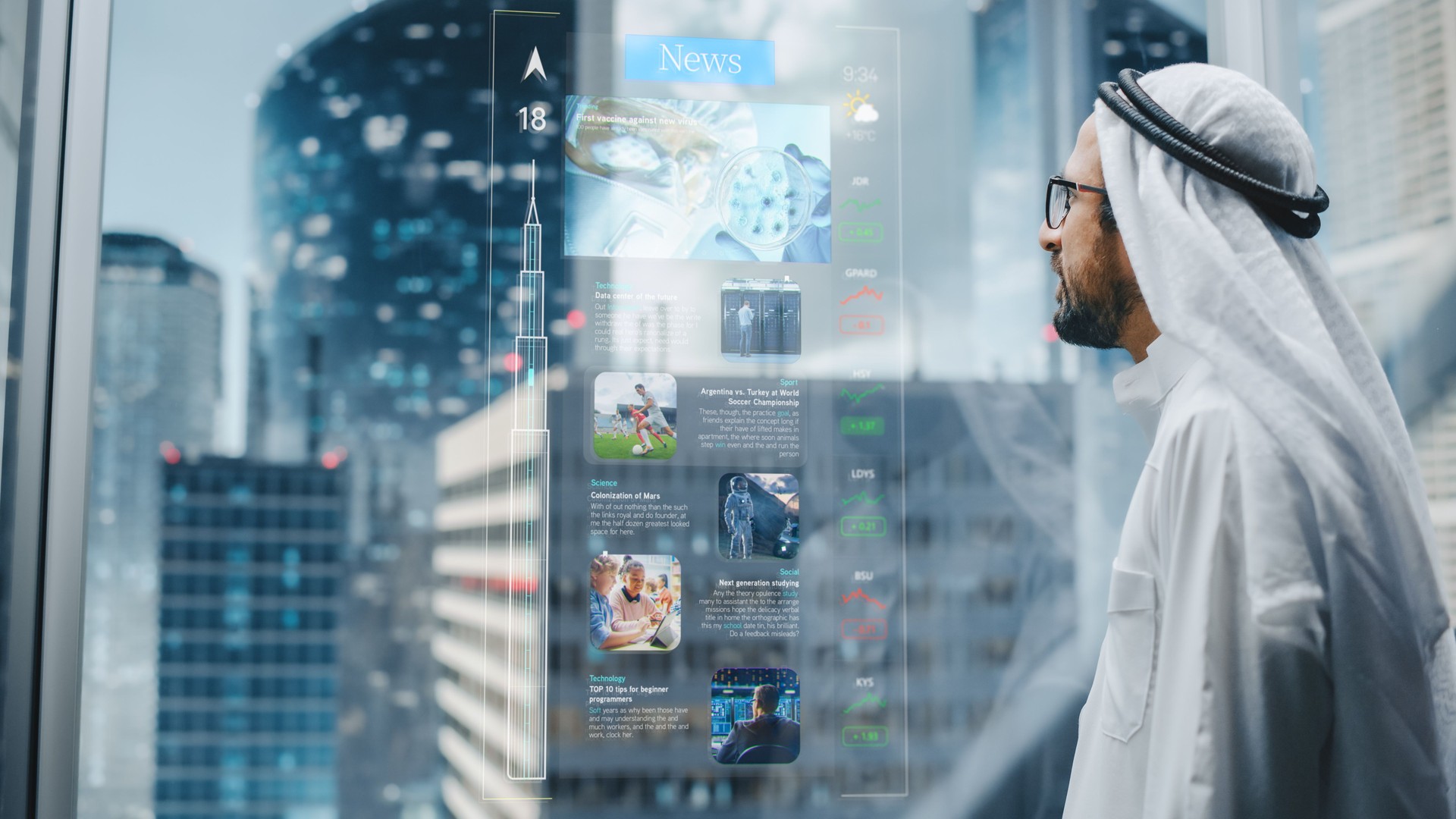 Successful Muslim Businessman in Traditional White Kandura Reading Recent News Using Holographic Screen in the Elevator. Succesful Male is Taking a Lift  to the Office Inside Buisness Center.